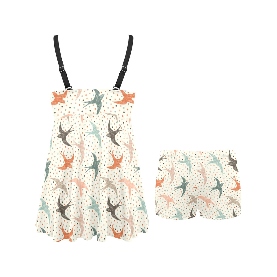 Swallow Pattern Print Design 02 Chest Sexy Pleated Two Piece Swim Dress