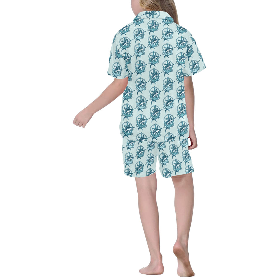 Swordfish Pattern Print Design 05 Kids' Boys' Girls' V-Neck Short Pajama Set