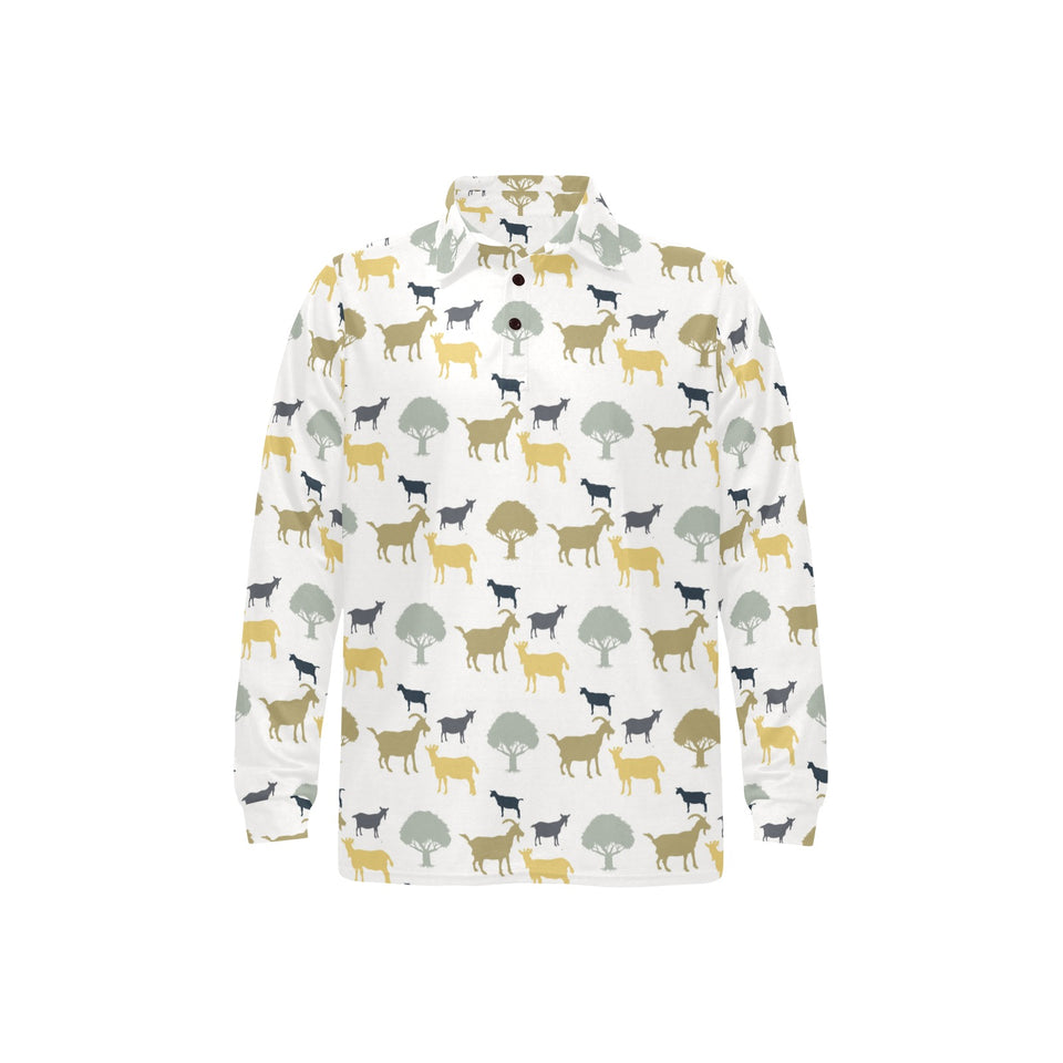 Silhouettes of goat and tree pattern Men's Long Sleeve Polo Shirt