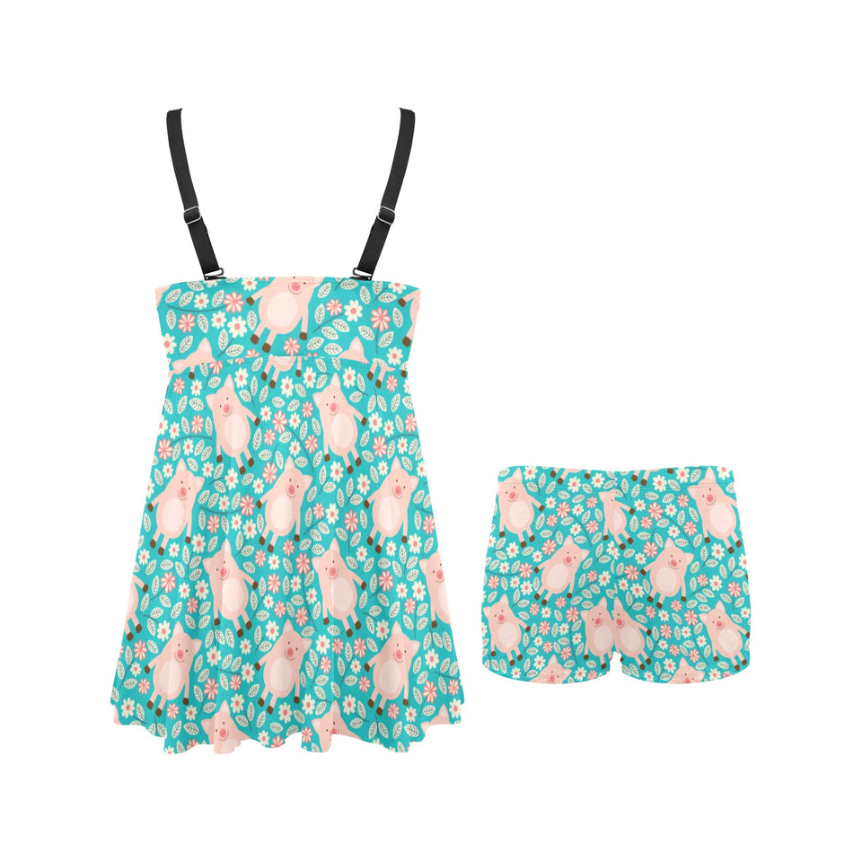 Pig Pattern Print Design 01 Chest Sexy Pleated Two Piece Swim Dress