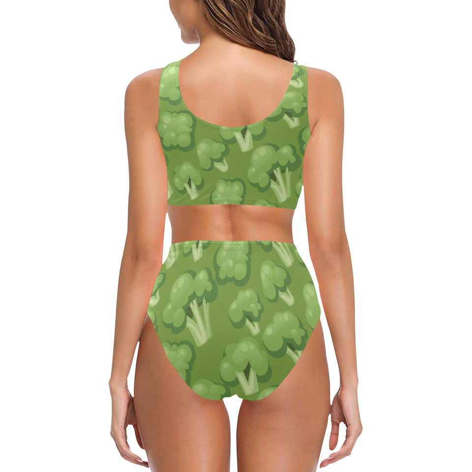 Broccoli pattern green background Chest Bowknot High Waisted Bikini Swimsuit