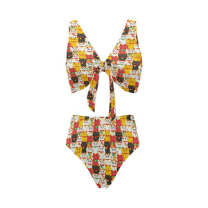 Colorful Maneki neko cat pattern Chest Bowknot High Waisted Bikini Swimsuit