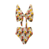 Colorful Maneki neko cat pattern Chest Bowknot High Waisted Bikini Swimsuit