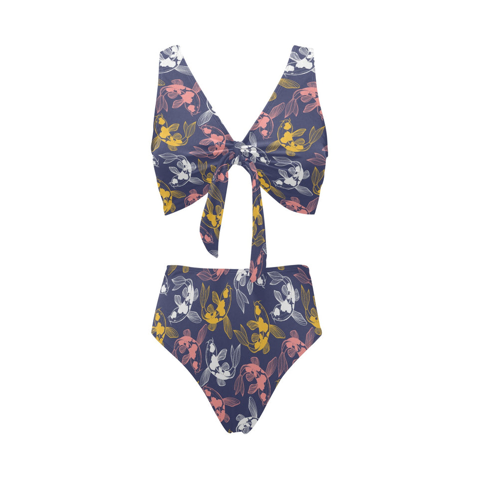 Koi Fish Carp Fish pattern Chest Bowknot High Waisted Bikini Swimsuit
