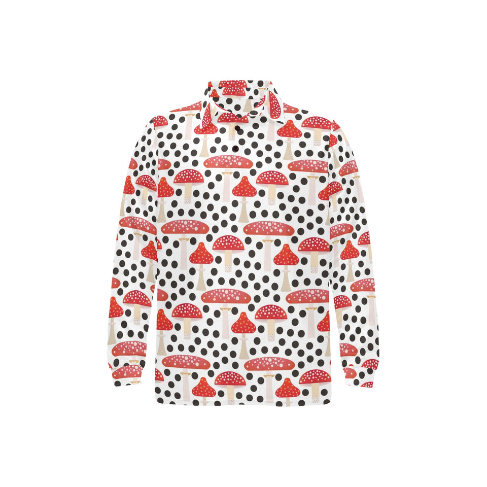 Red mushroom dot pattern Men's Long Sleeve Polo Shirt