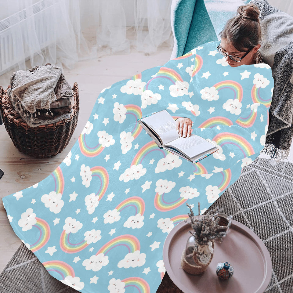 Cute rainbow clound star pattern blue background Blanket Robe with Sleeves