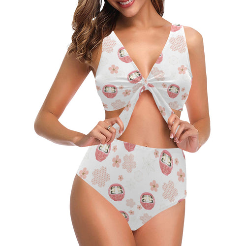 Daruma japanese wooden doll cherry blossom flower Chest Bowknot High Waisted Bikini Swimsuit