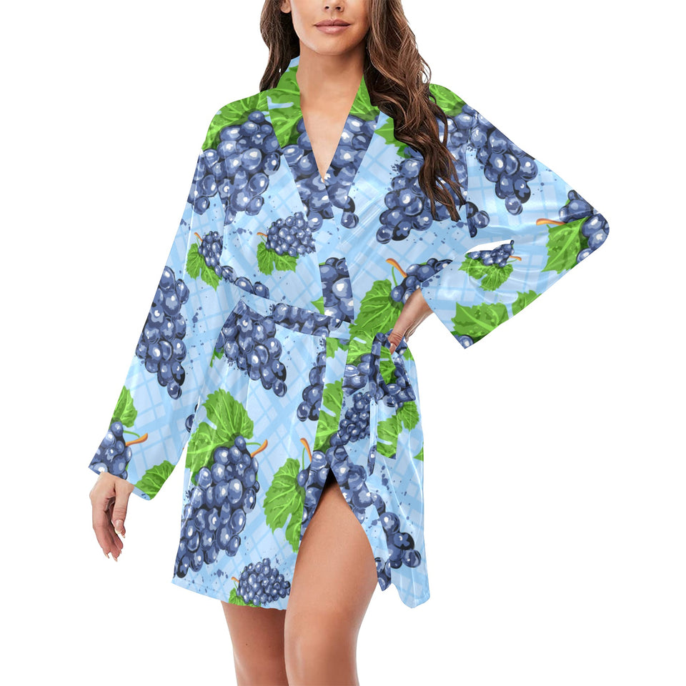 Watercolor grape pattern Women's Long Sleeve Belted Night Robe