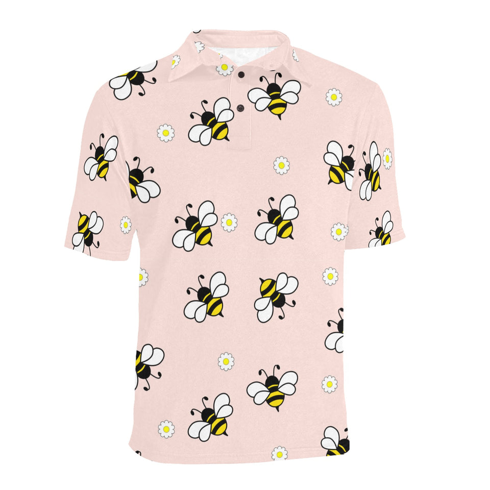 Cute bee flower pattern pink background Men's All Over Print Polo Shirt