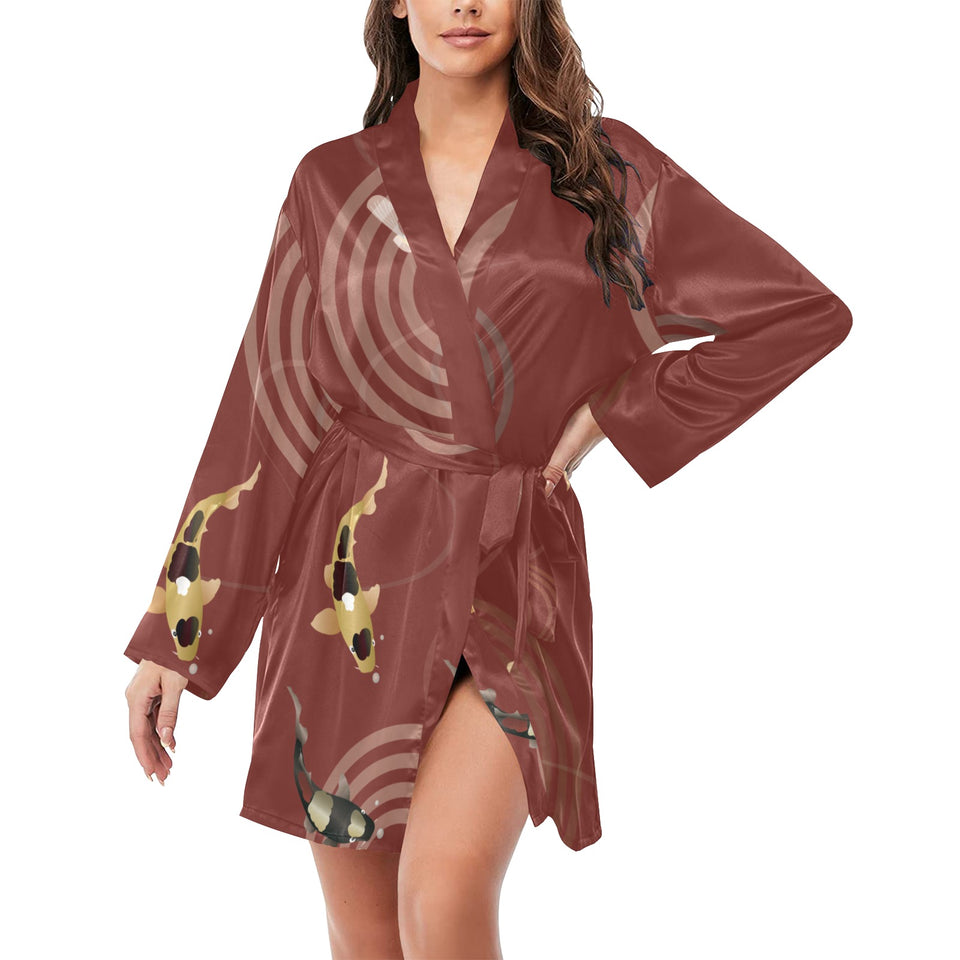 Koi Fish Carp Fish red background Women's Long Sleeve Belted Night Robe