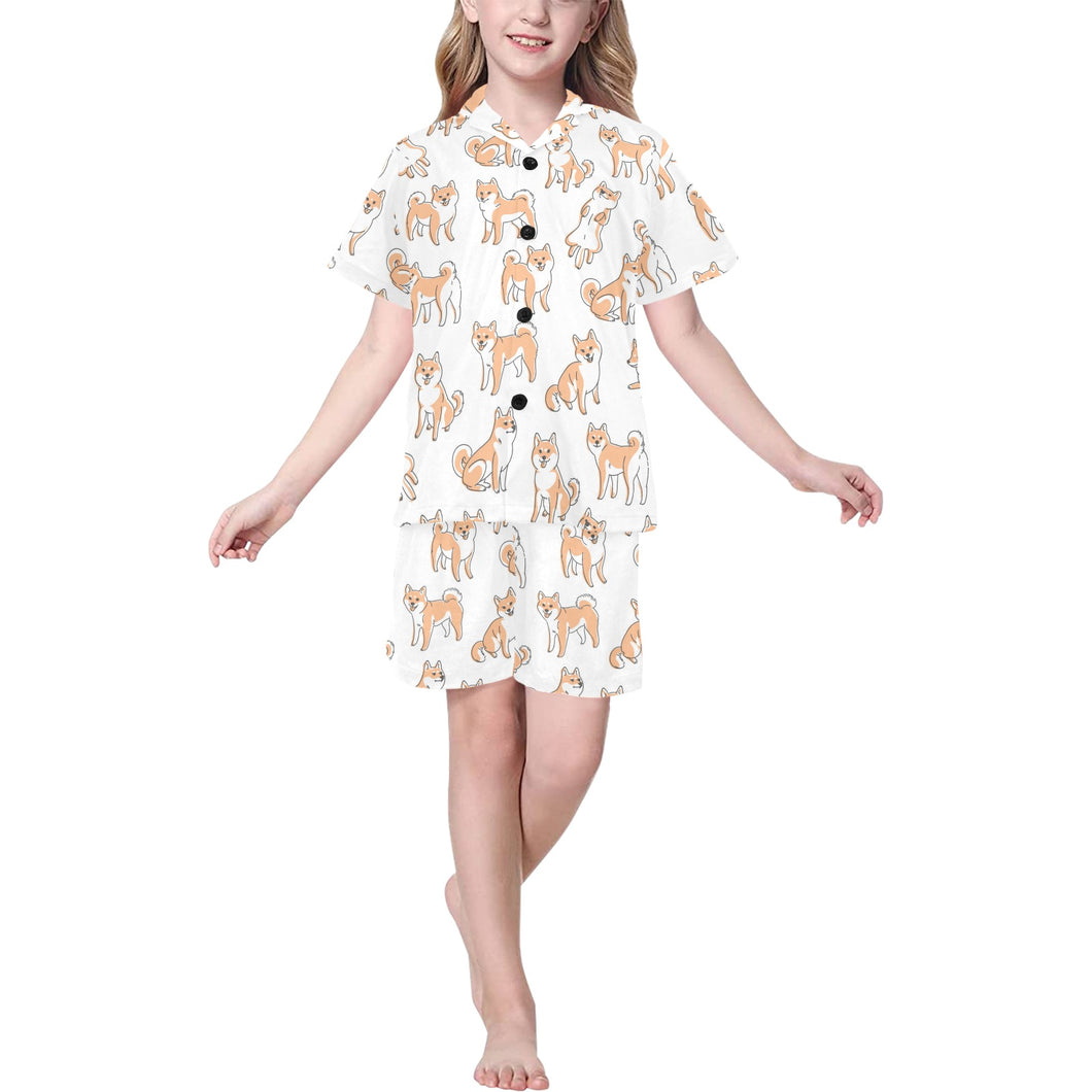 shiba inu dog pattern Kids' Boys' Girls' V-Neck Short Pajama Set