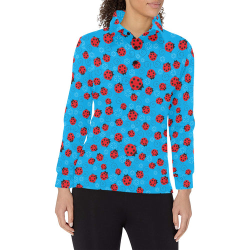 Ladybug Pattern Print Design 02 Women's Long Sleeve Polo Shirt