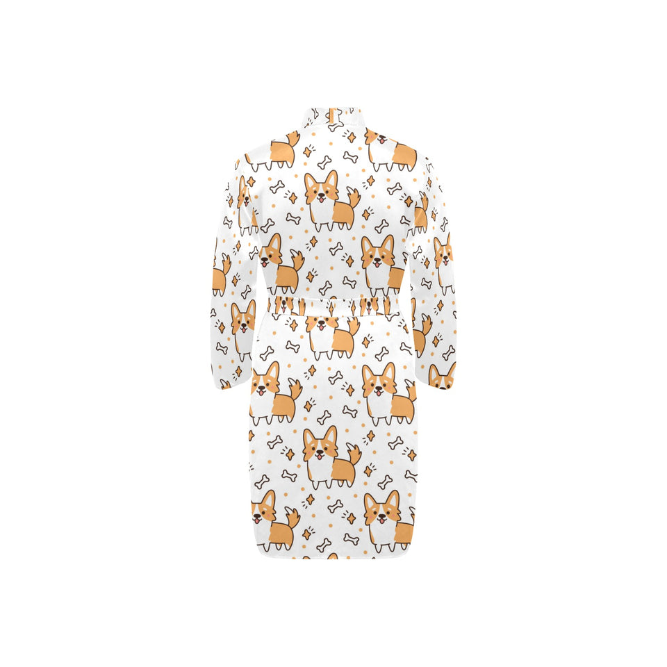 Cute corgi heart star bone pattern Men's Long Sleeve Belted Night Robe
