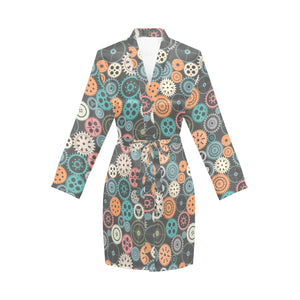 Gear Pattern Print Design 05 Women's Long Sleeve Belted Night Robe