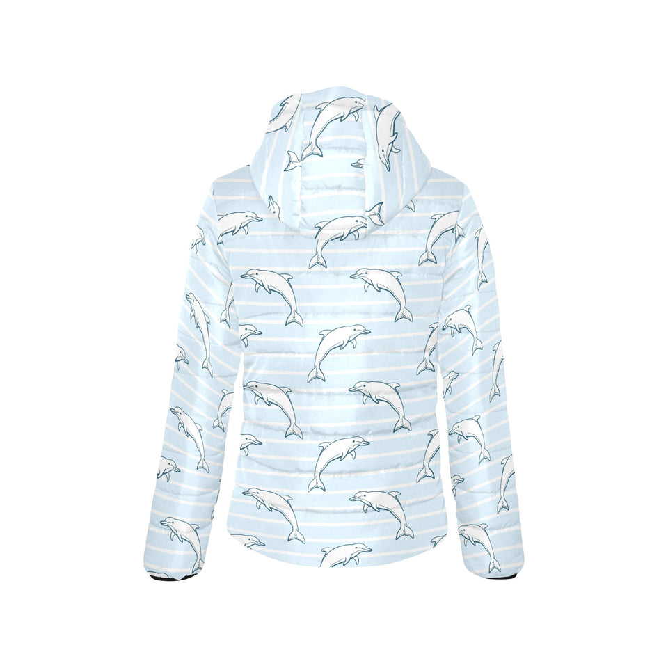 Dolphin blue striped background Women's Padded Hooded Jacket