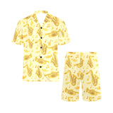 Saxophone cornet pattern yellow background Men's V-Neck Short Pajama Set