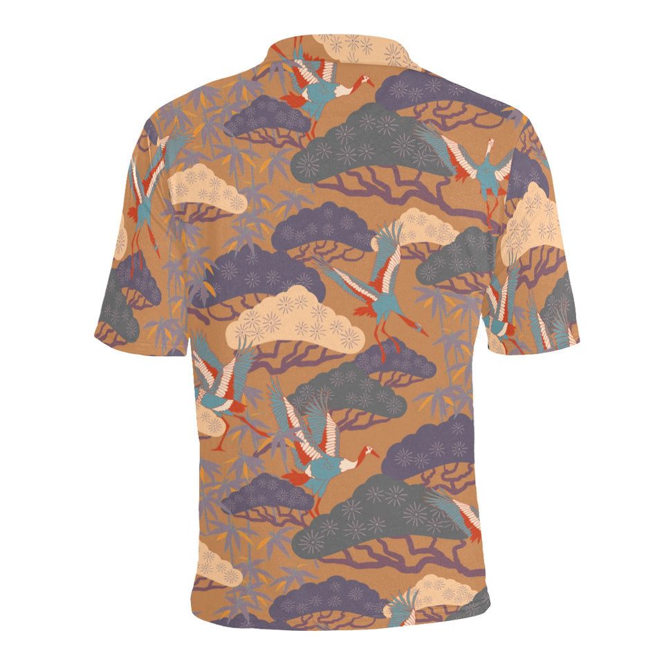 Bonsai bamboo stork japanese pattern brown theme Men's All Over Print Polo Shirt
