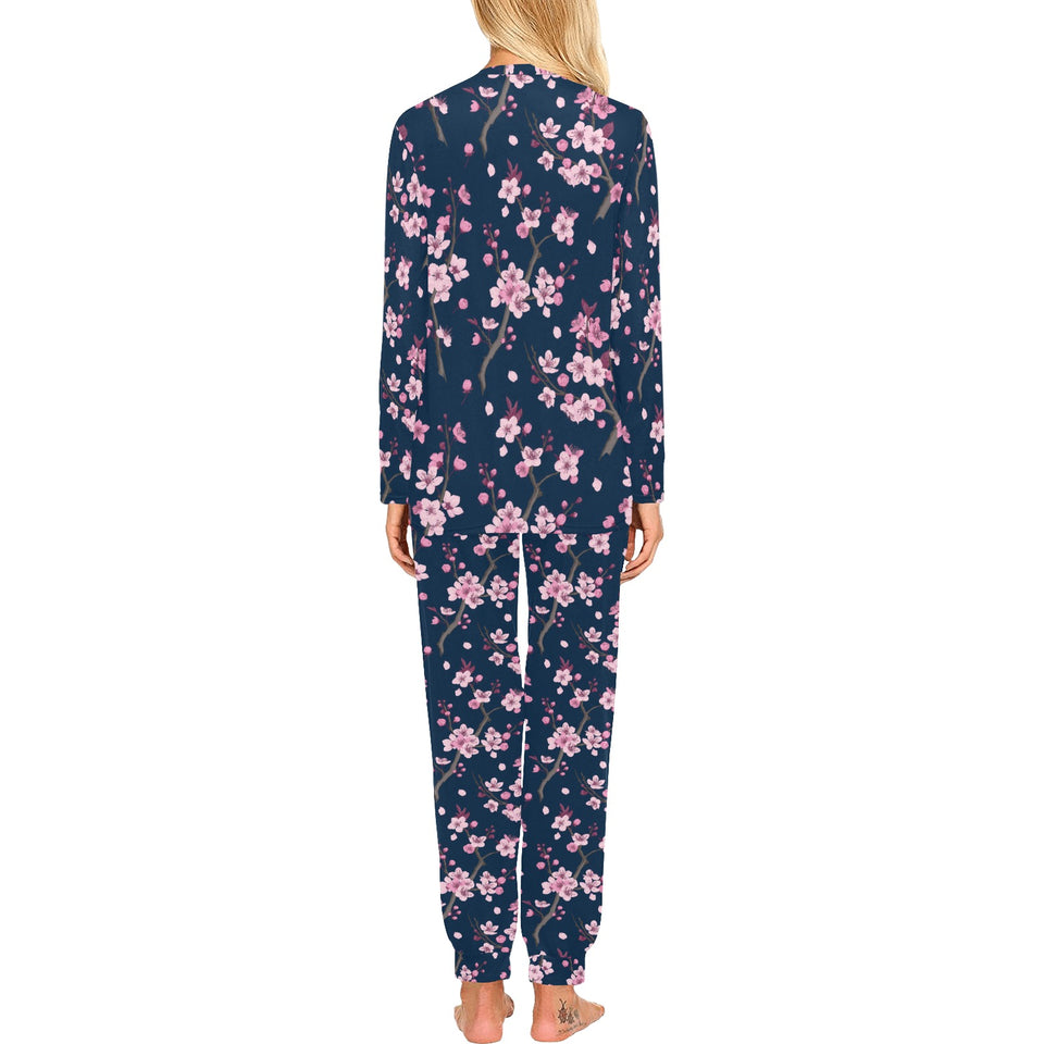 Pink sakura cherry blossom blue background Women's All Over Print Pajama Set