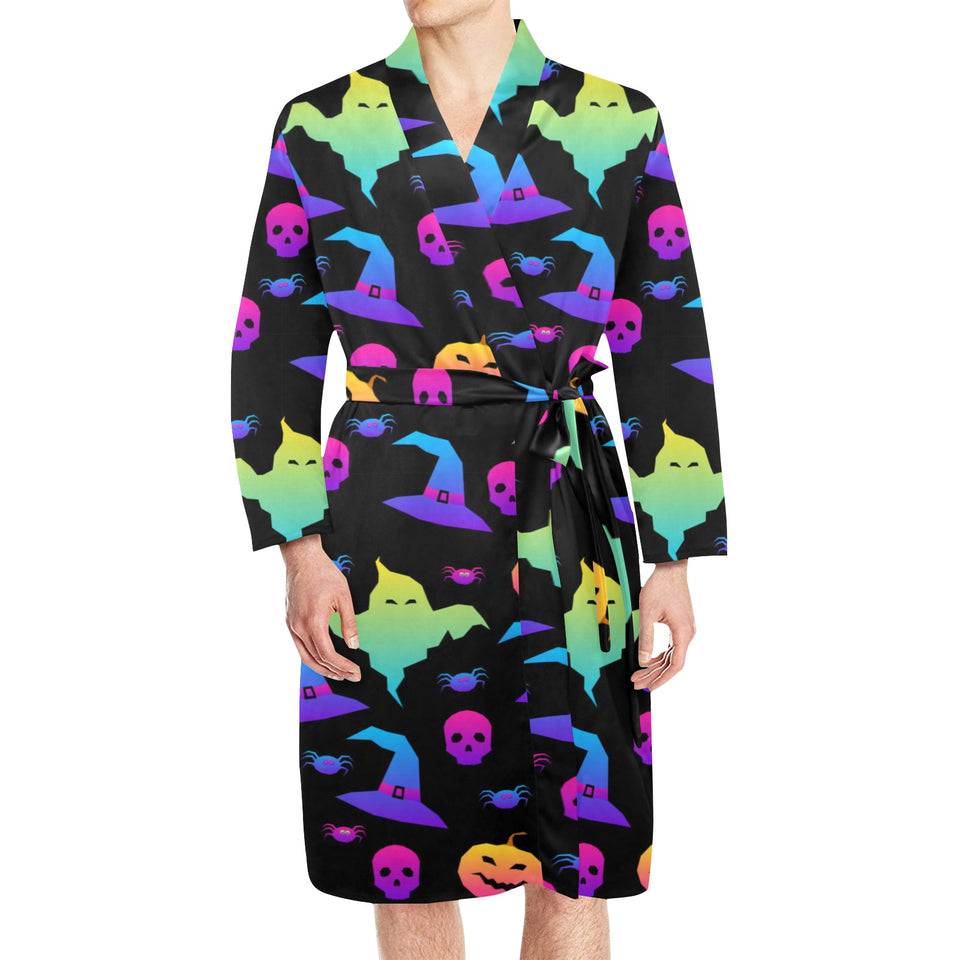Colorful halloween background Men's Long Sleeve Belted Night Robe