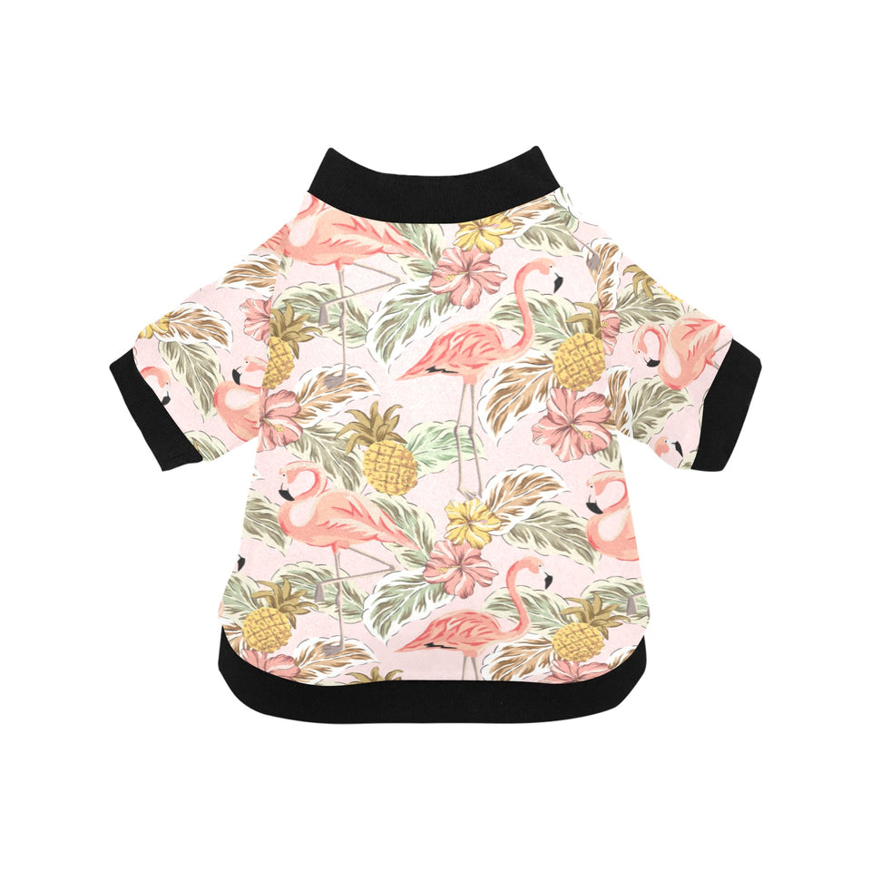 Pink flamingo birds pineapples hibiscus flower pat All Over Print Pet Dog Round Neck Fuzzy Shirt