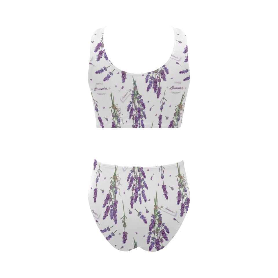 lavender flower design pattern Chest Bowknot High Waisted Bikini Swimsuit