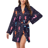 Watercolor colorful seahorse pattern Women's Long Sleeve Belted Night Robe