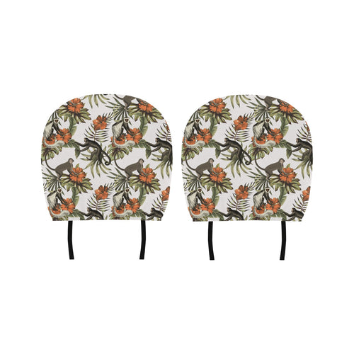 Monkey red hibiscus flower palm leaves floral patt Car Headrest Cover