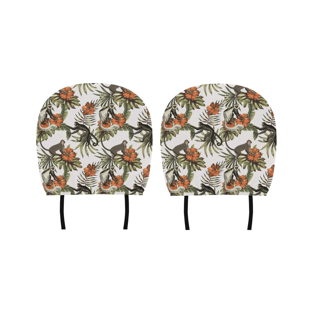 Monkey red hibiscus flower palm leaves floral patt Car Headrest Cover