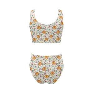 Lion Pattern Print Design 04 Chest Bowknot High Waisted Bikini Swimsuit
