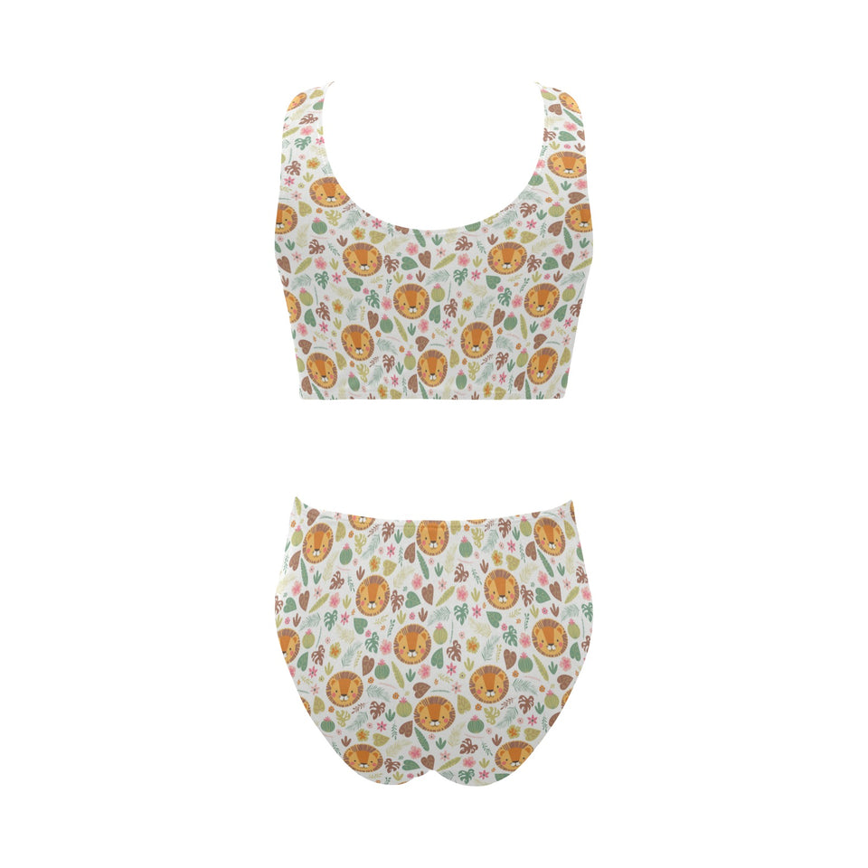 Lion Pattern Print Design 04 Chest Bowknot High Waisted Bikini Swimsuit