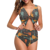 electric guitars pattern Chest Bowknot High Waisted Bikini Swimsuit