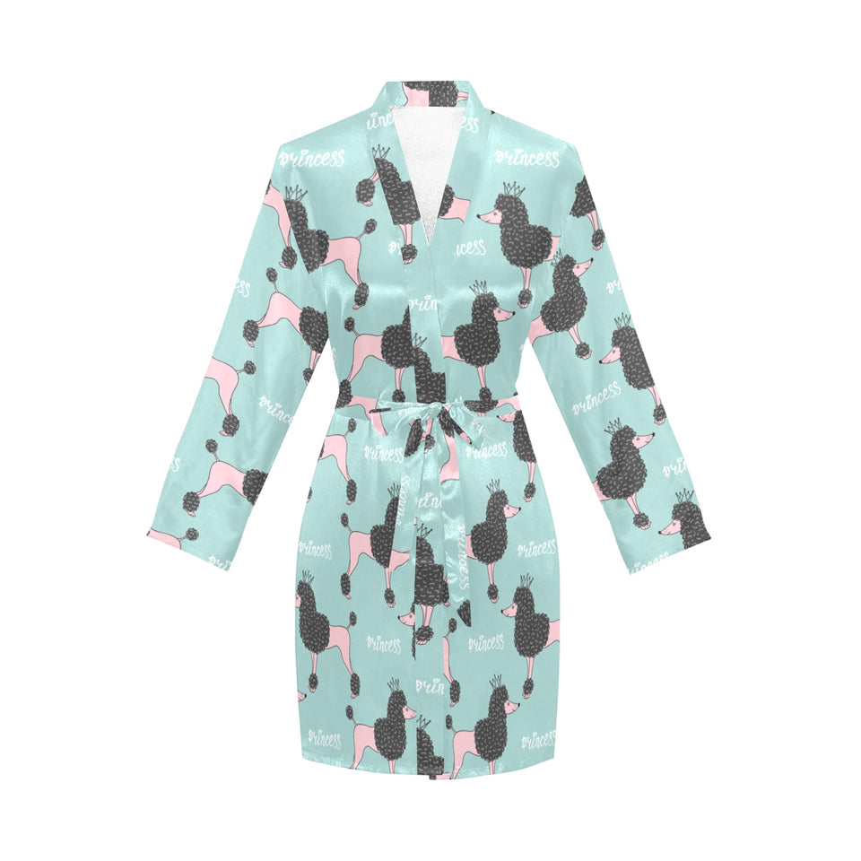 poodle dog green background Women's Long Sleeve Belted Night Robe