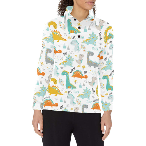 Cute funny kids dinosaurs pattern Women's Long Sleeve Polo Shirt