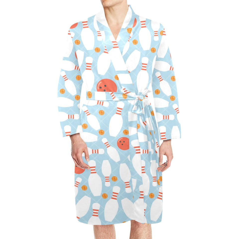 Bowling ball bowling pins blue blackground Men's Long Sleeve Belted Night Robe