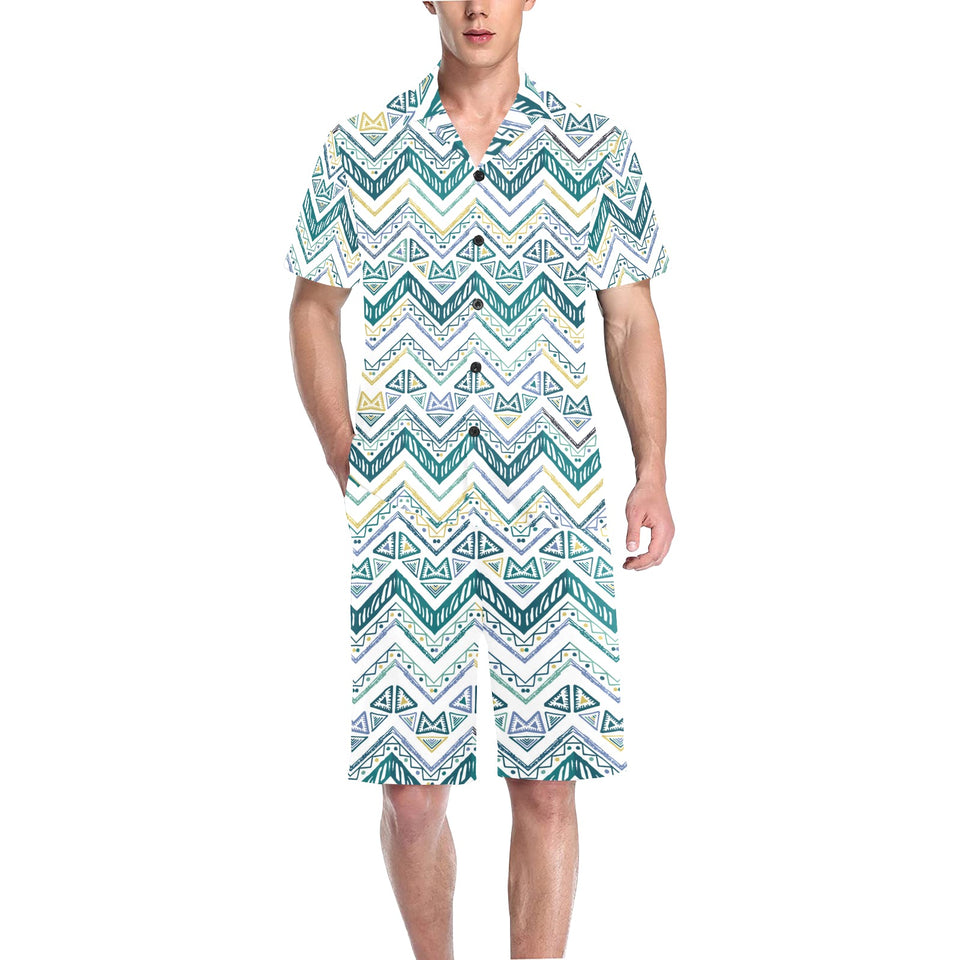 zigzag chevron paint design pattern Men's V-Neck Short Pajama Set