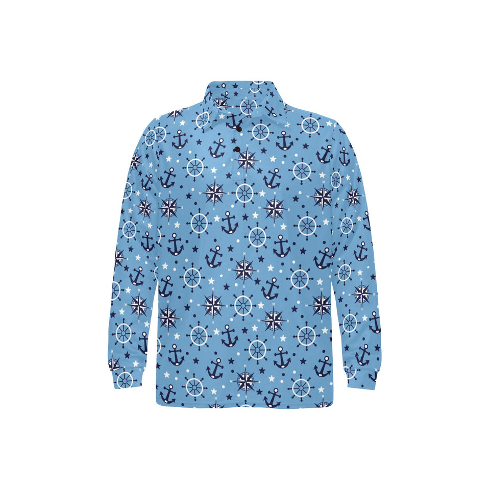 Anchors rudder compass star nautical pattern Men's Long Sleeve Polo Shirt