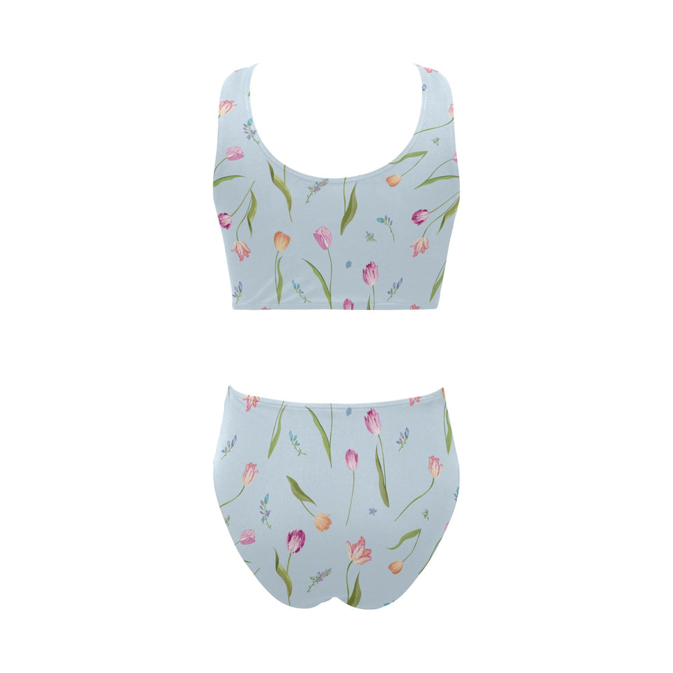 Watercolor Tulips pattern Chest Bowknot High Waisted Bikini Swimsuit