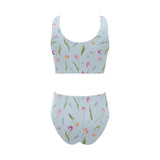 Watercolor Tulips pattern Chest Bowknot High Waisted Bikini Swimsuit