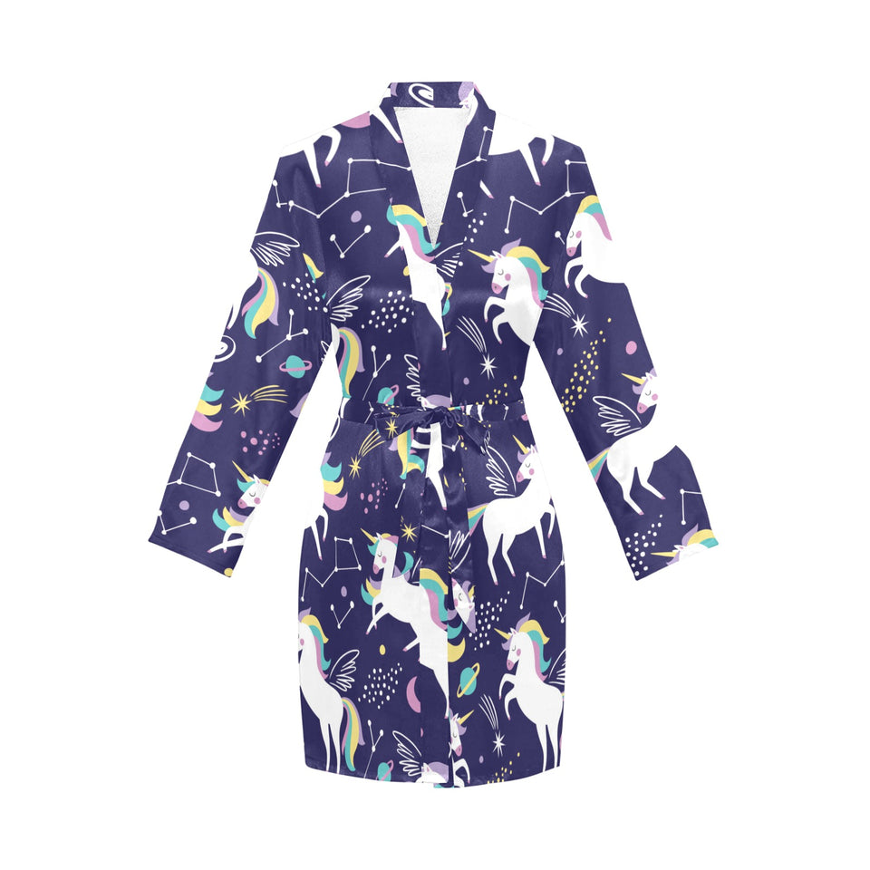 Hand drawn cute unicorn star planet Women's Long Sleeve Belted Night Robe