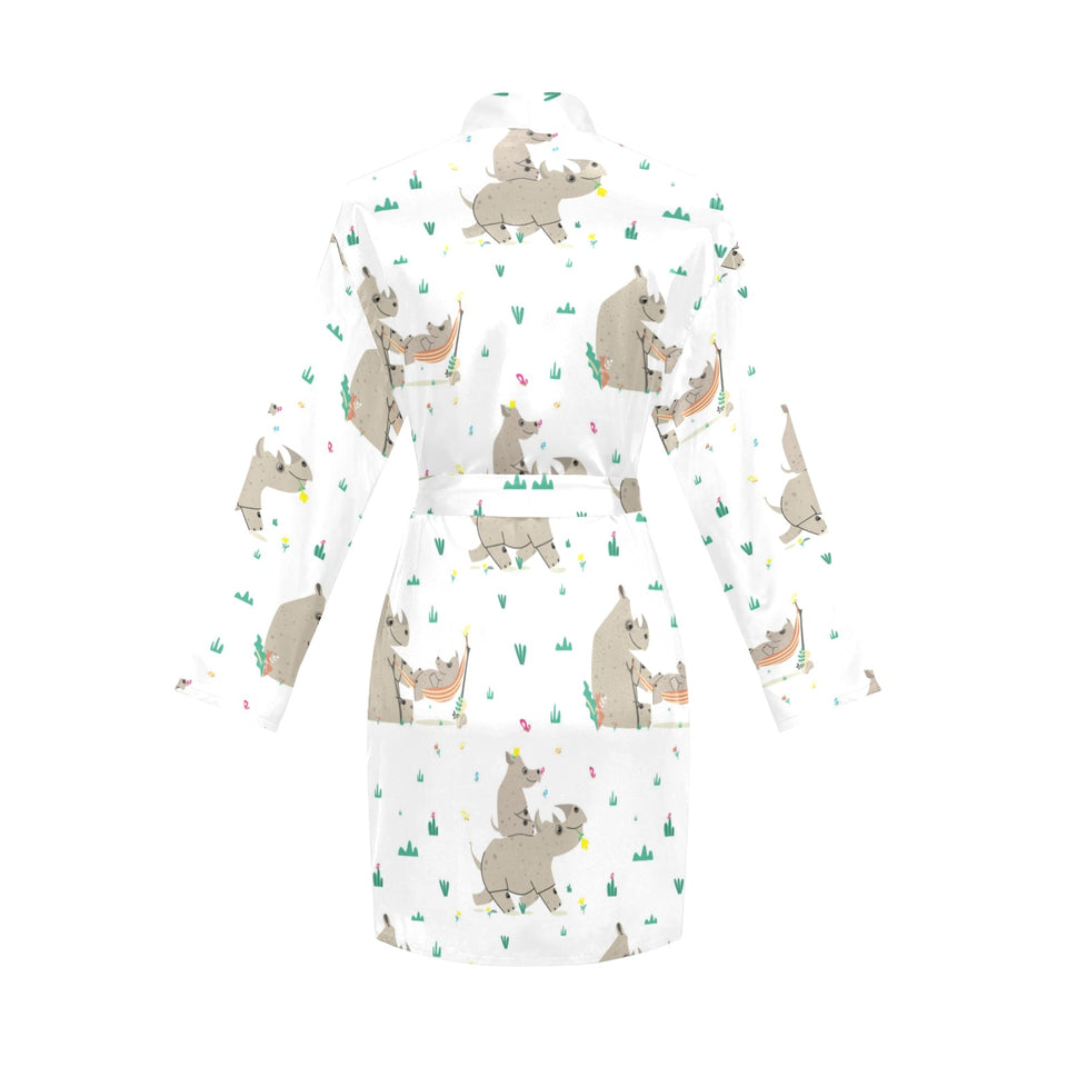 Cute Rhino pattern background Women's Long Sleeve Belted Night Robe