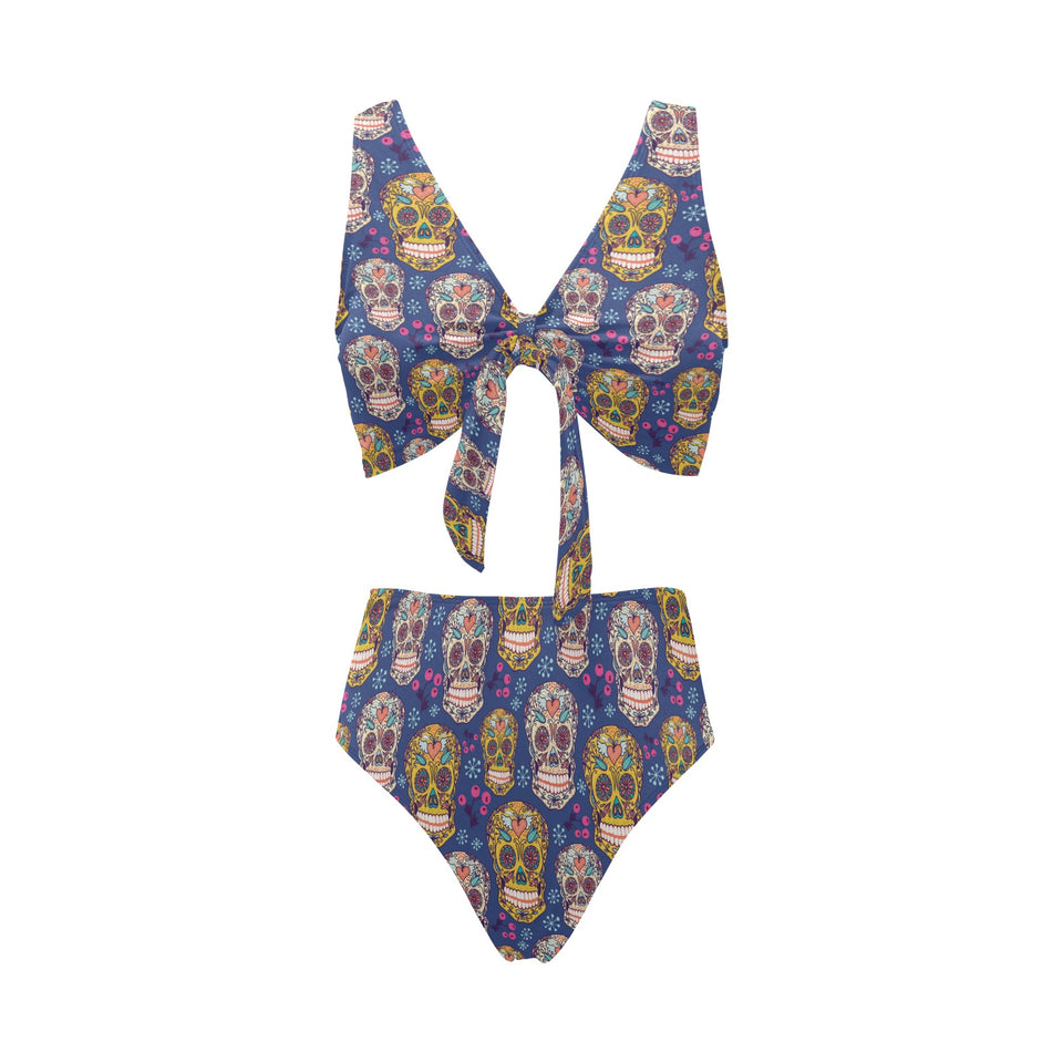 Sugar skull flower pattern Chest Bowknot High Waisted Bikini Swimsuit