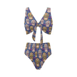 Sugar skull flower pattern Chest Bowknot High Waisted Bikini Swimsuit