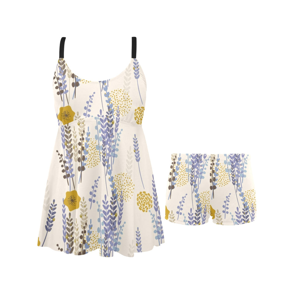 Lavender modern pattern blackground Chest Sexy Pleated Two Piece Swim Dress