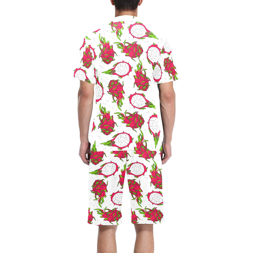 dragon fruits white background Men's V-Neck Short Pajama Set