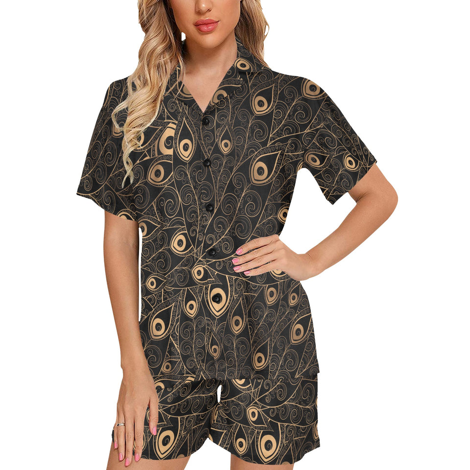 Gold peacock feather pattern Women's V-Neck Short Pajama Set