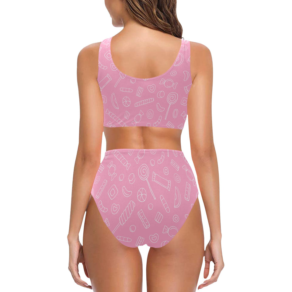 Sweet candy pink background Chest Bowknot High Waisted Bikini Swimsuit