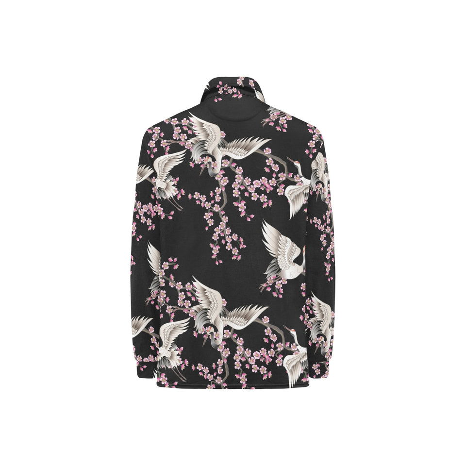 Japanese crane pink sakura pattern Women's Long Sleeve Polo Shirt