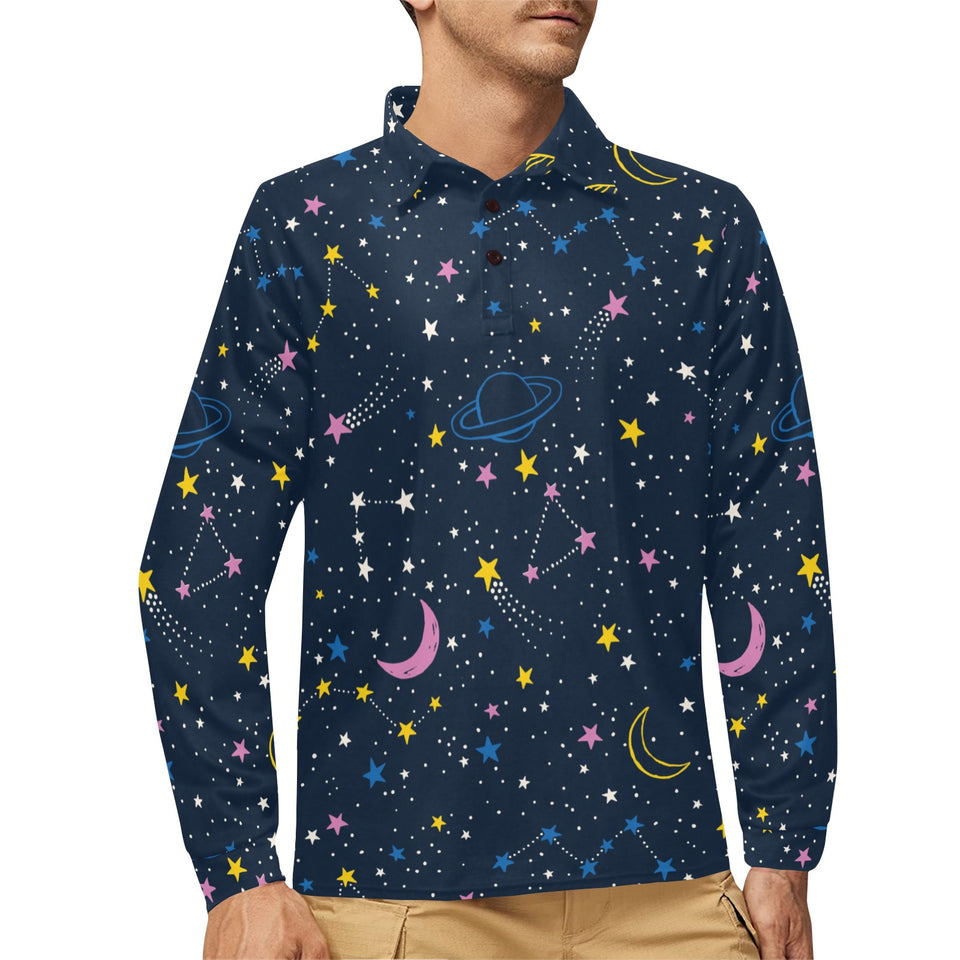 space pattern with planets, comets, constellations Men's Long Sleeve Polo Shirt