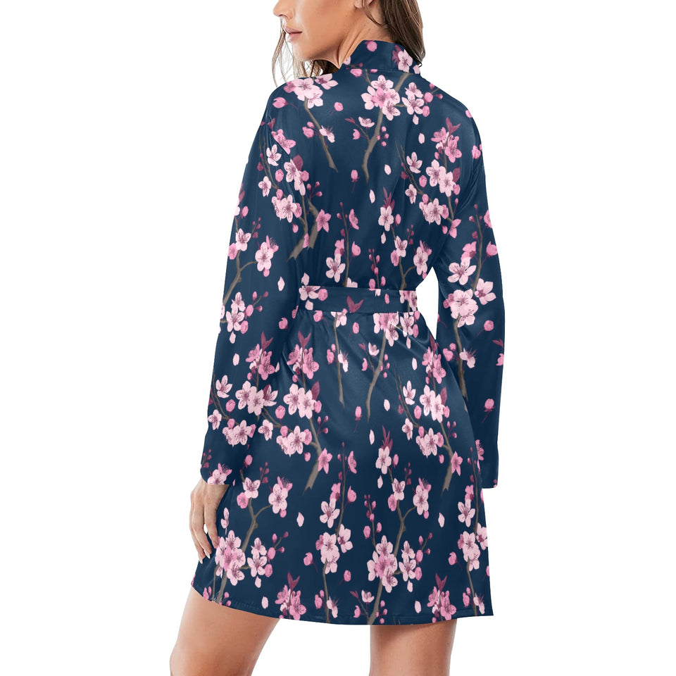 Pink sakura cherry blossom blue background Women's Long Sleeve Belted Night Robe