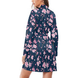 Pink sakura cherry blossom blue background Women's Long Sleeve Belted Night Robe